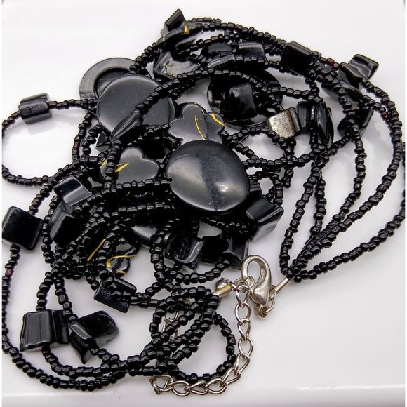 Retro Messy Beaded Necklace, Black Glass Multi Strand with Glossy Shapes and Gol - Picture 3 of 4